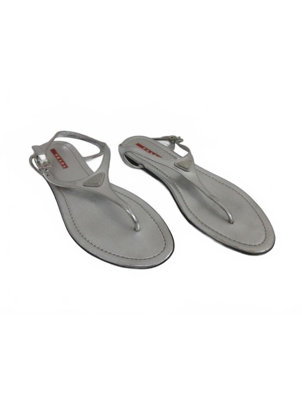 Prada Metallic Silver Leather Triangle Logo T-Strap Thong Sandals 39.5 (US 9)